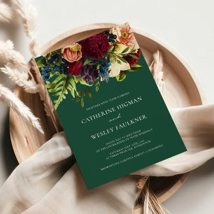 Invitación Jewel verde tono Moody floral Borgoña Boda