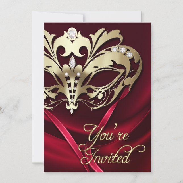 Invitación Jeweled rojo del fiesta de la mascarada (Anverso)