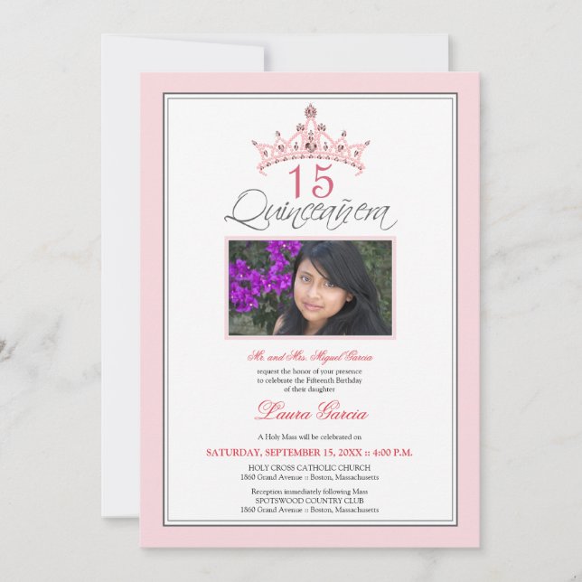 Invitación Jeweled rosa de Quinceanera de la tiara (Anverso)