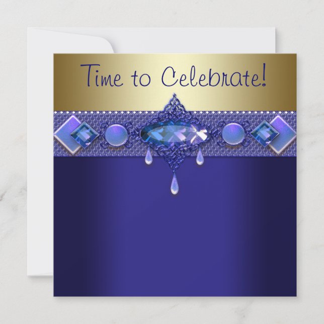 Invitación Jewels Purple Royal Blue Gold Party (Anverso)
