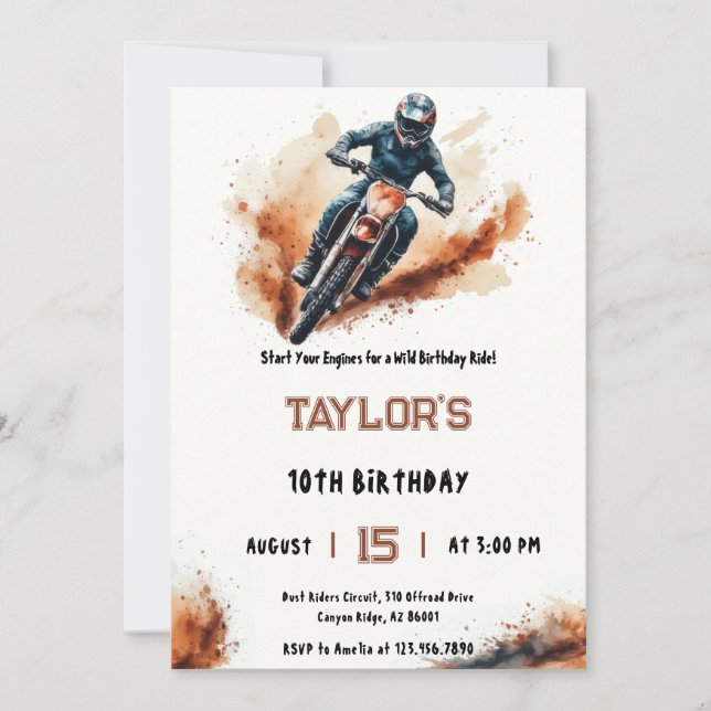 Invitación Jinete de Moto de Tierra con Salpicaduras de Lodo  (Anverso)