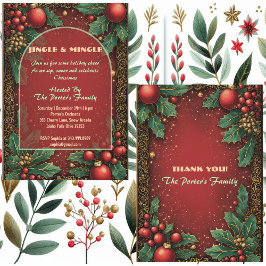 Invitación Jingle and Mingle Christmas Holly Motifs Red Berry