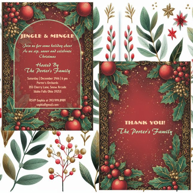 Invitación Jingle and Mingle Christmas Holly Motifs Red Berry (Jingle and Mingle Christmas Holly Motifs Red Berry Invitation)