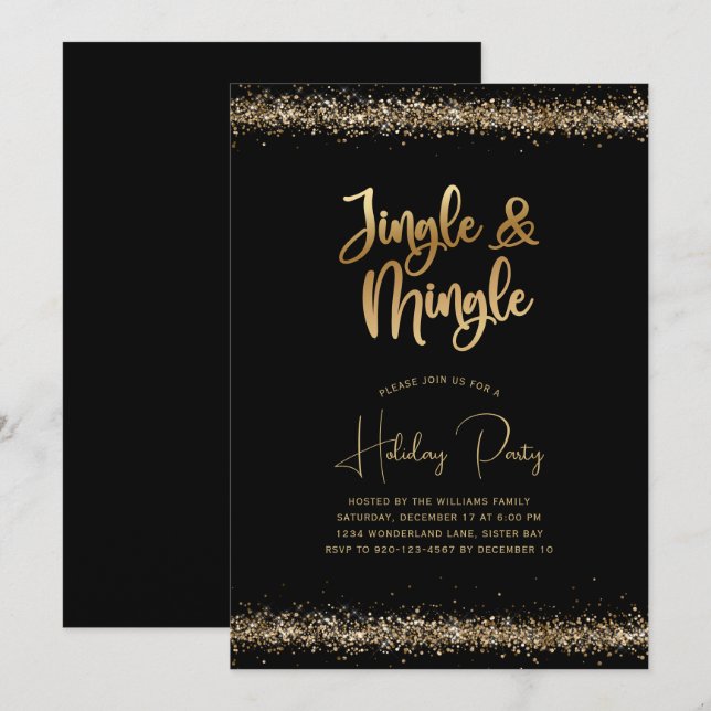 Invitación Jingle de Purpurina de oro negro y Fiesta navideña (Anverso / Reverso)