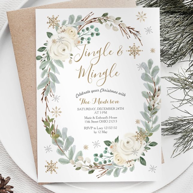 Invitación Jingle de Wreath floral blanca y invierno de mingl (Subido por el creador)