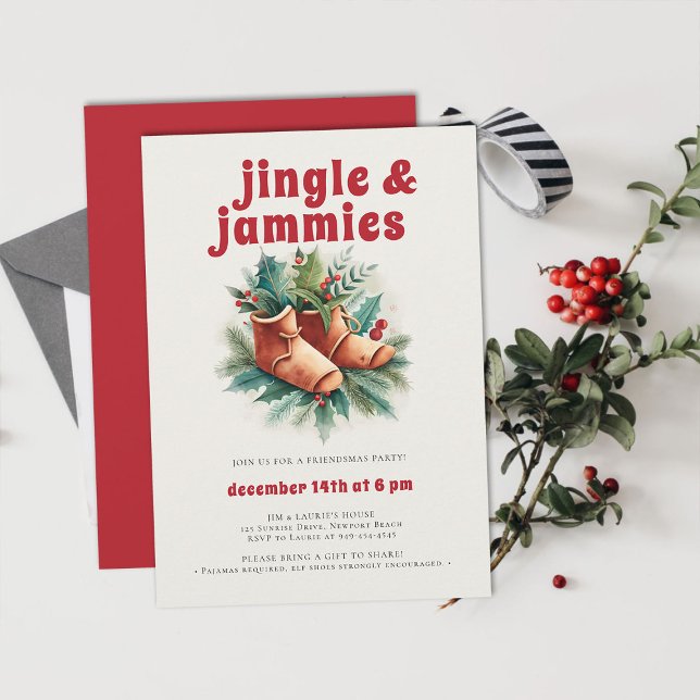 Invitación Jingle Jammies Fiesta de Navidades de PJ Elf Frien (friendsmas christmas party invitation funny jingle jammies pj slumber sleepover elf slippers )