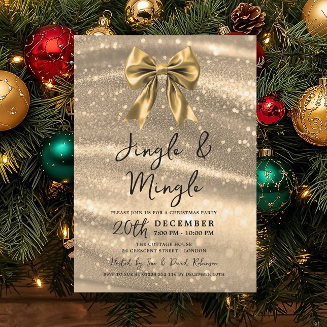 Invitación Jingle & Mingle Christmas Party Gold Sparkle Bow  (Subido por el creador)