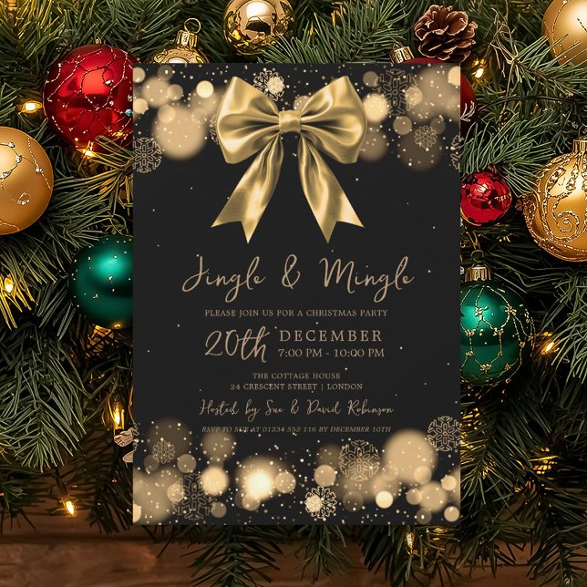 Invitación Jingle & Mingle Christmas Party Winter Gold Bow (Jingle & Mingle Christmas Party Winter Gold Bow Invitation)