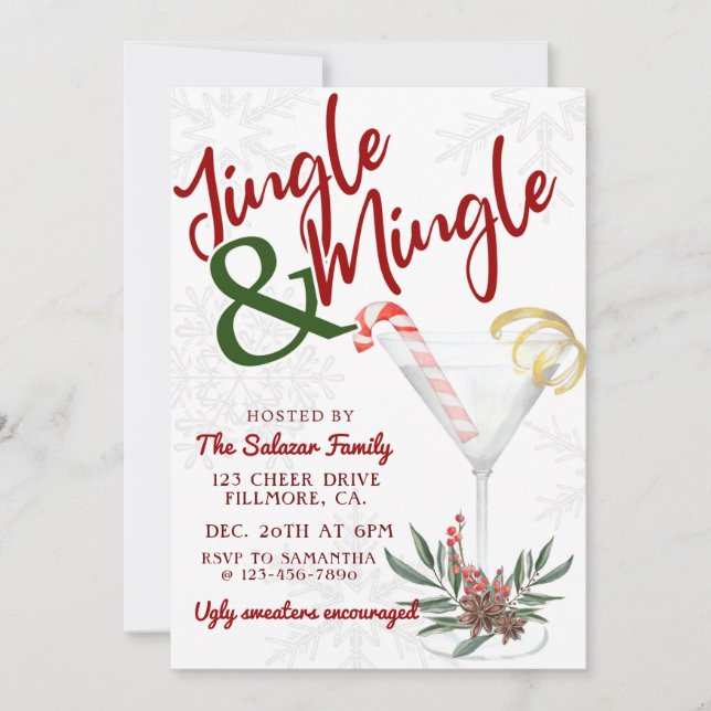Invitación Jingle & Mingle, Fiesta de Navidades, cóctel de va (Anverso)