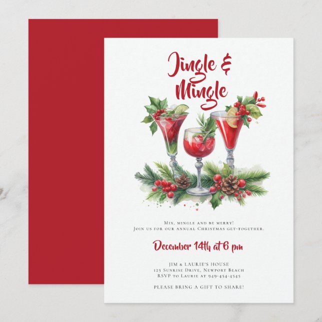 Invitación Jingle Mingle Holiday Cocktail Red Navidades Fiest (Anverso / Reverso)