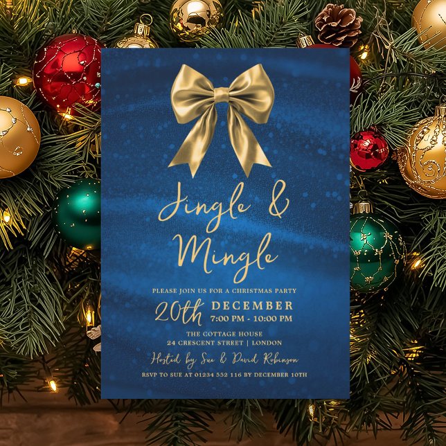 Invitación Jingle Mingle Navidad Arco Dorado Plateado Azul (Jingle Mingle Christmas Gold Bow Silver Blue Invitation)