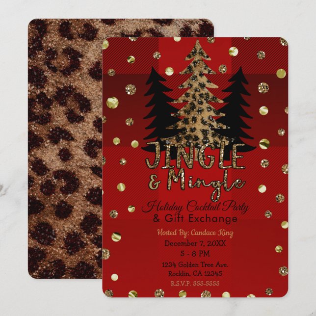 Invitación Jingle & Mingle Oro Glam Leopardo Fiesta de Navida (Anverso / Reverso)