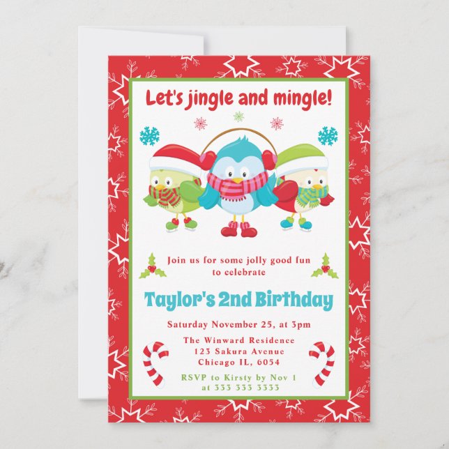 Invitación Jingle y Mingle Owls Navidades Niños Cumpleaños (Anverso)