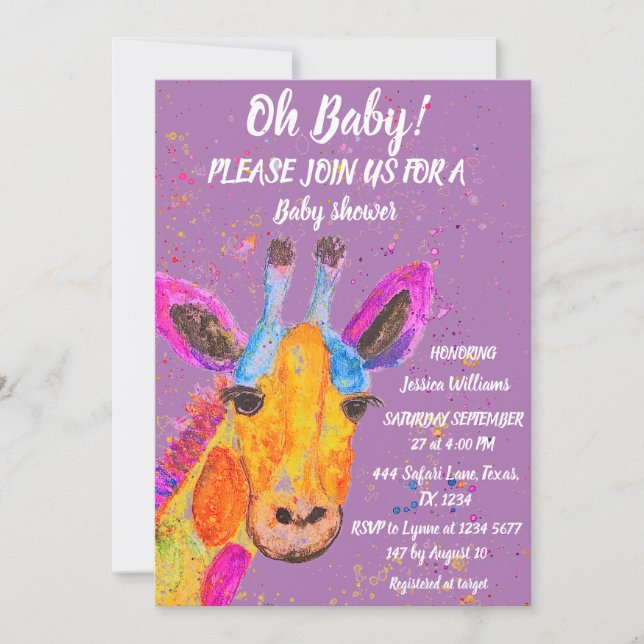 Invitación Jirafa Acuarela Safari Jungla Cumpleaños Bebé  (Anverso)