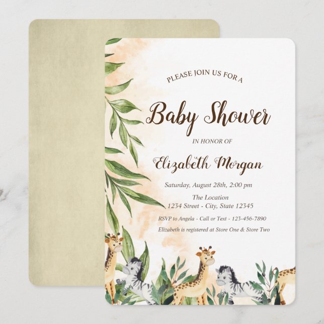 Invitación Jirafa Adorable, Cebra Deja Fiesta para el Bebe (Anverso / Reverso)