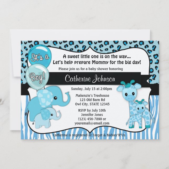 Invitación Jirafa azul Baby Shower del elefante del safari (Anverso)