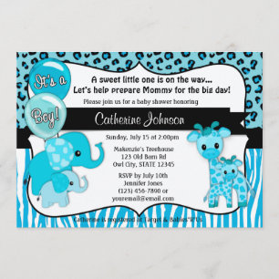 Invitación Jirafa azul Baby Shower del elefante del safari