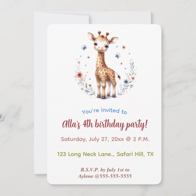 Invitación Jirafa editable flores y mariposas (Anverso)