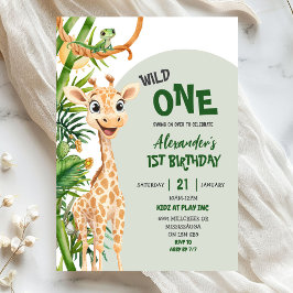 Invitación Jirafa Verde Cumpleaños Salvaje Uno Safari Primero