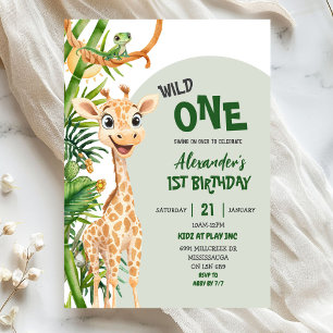 Invitación Jirafa Verde Cumpleaños Salvaje Uno Safari Primero