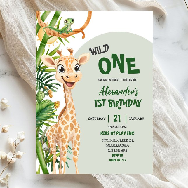 Invitación Jirafa Verde Cumpleaños Salvaje Uno Safari Primero (Subido por el creador)