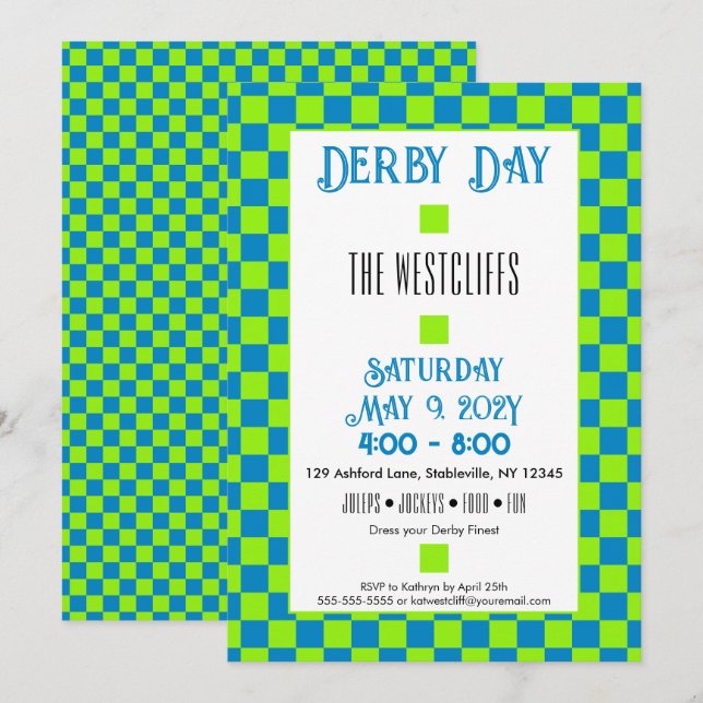 Invitación Jockey Seda Bloques Verde y Azul Derby (Anverso / Reverso)