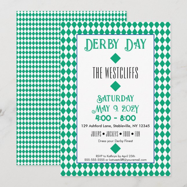 Invitación Jockey Seda Diamantes Verde y Blanco Derby (Anverso / Reverso)