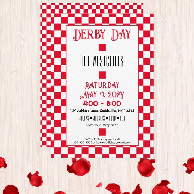 Invitación Jockey Tablero de ajedrez Rojo y Blanco Derby (Red and White Checkerboard Jockey Silks Derby Horse Racing Party Invitation)