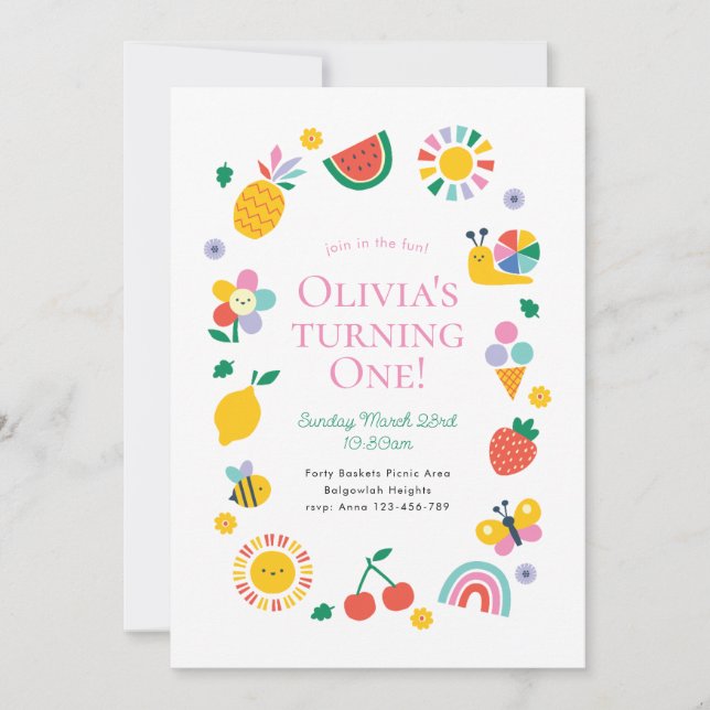 Invitación Join in the Fun Coloful Playful First Birthday (Anverso)