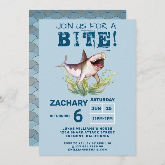 Invitación Join Us For a Bite Funny Shark Boys Birthday Party (Anverso / Reverso)