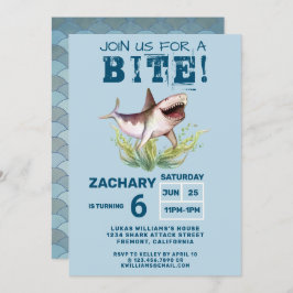 Invitación Join Us For a Bite Funny Shark Boys Birthday Party