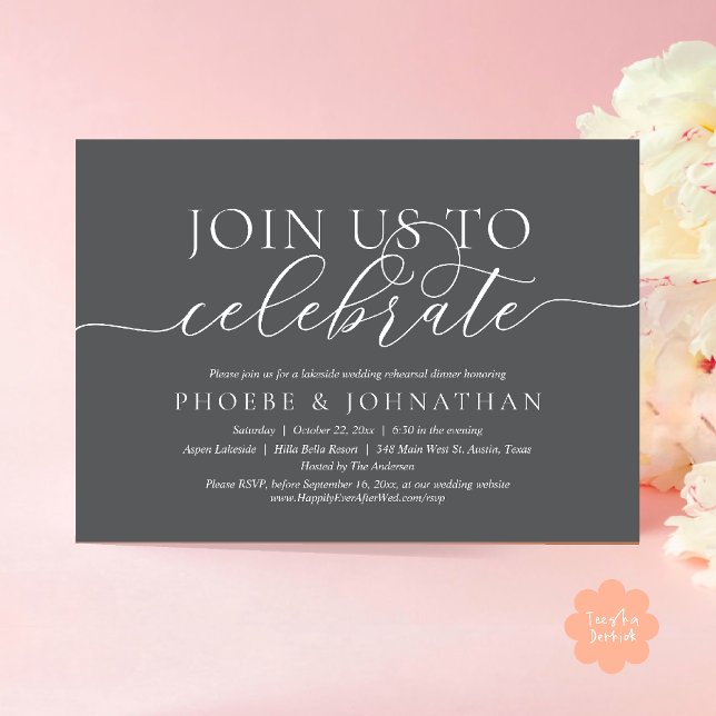 Invitación Join Us To Celebrate, Wedding Rehearsal Dinner (Join Us To Celebrate, Modern Classy Wedding Rehearsal Dinner Invitation card in dark grey)