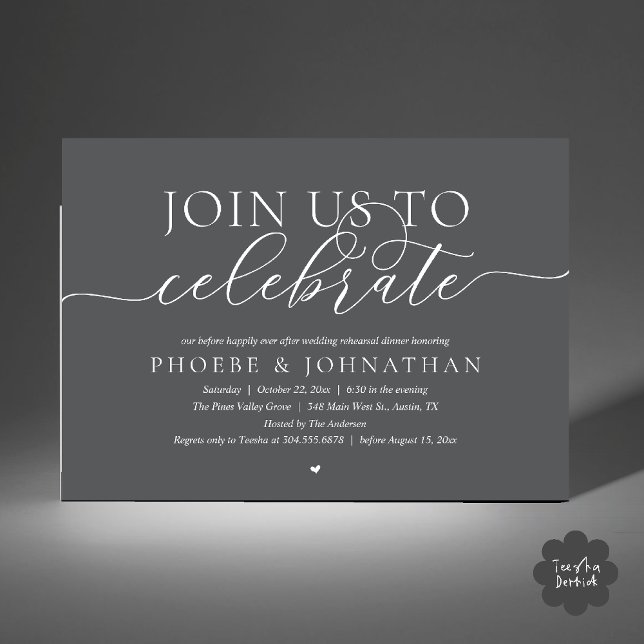 Invitación Join Us To Celebrate, Wedding Rehearsal Dinner (Join Us To Celebrate, Modern Classy Wedding Rehearsal Dinner Invitation card in dark grey)