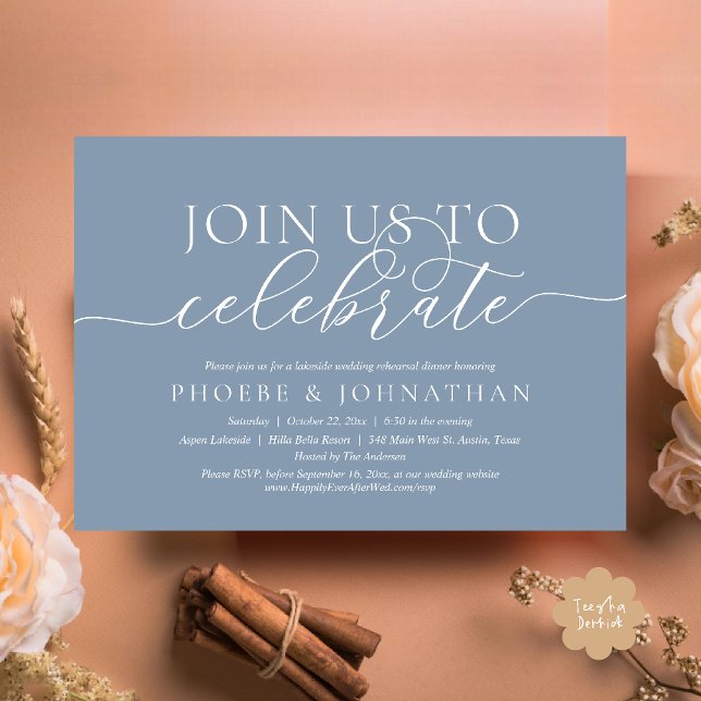 Invitación Join Us To Celebrate, Wedding Rehearsal Dinner (Join Us To Celebrate, Modern Classy Wedding Rehearsal Dinner Invitation card in dusty blue)