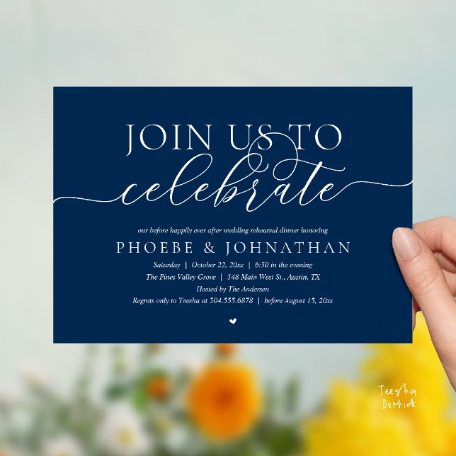 Invitación Join Us To Celebrate, Wedding Rehearsal Dinner (Join Us To Celebrate, Wedding Rehearsal Dinner Invitation card in navy blue)