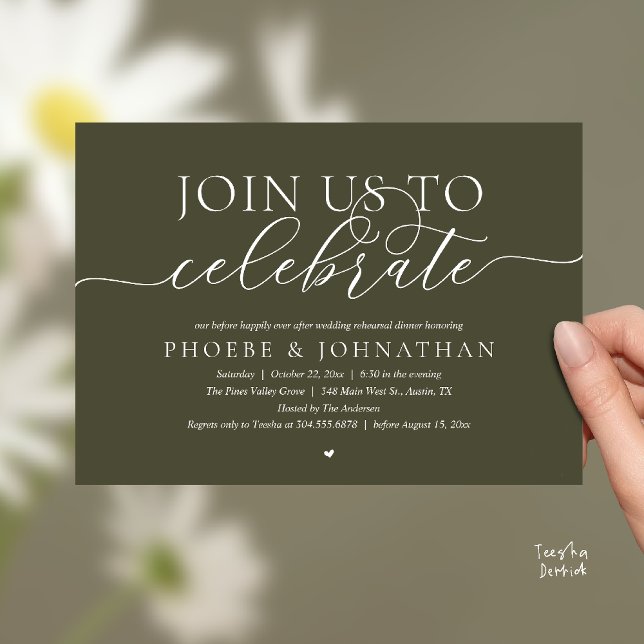 Invitación Join Us To Celebrate, Wedding Rehearsal Dinner (Join Us To Celebrate, Modern Classy Wedding Rehearsal Dinner Invitation card in olive green)