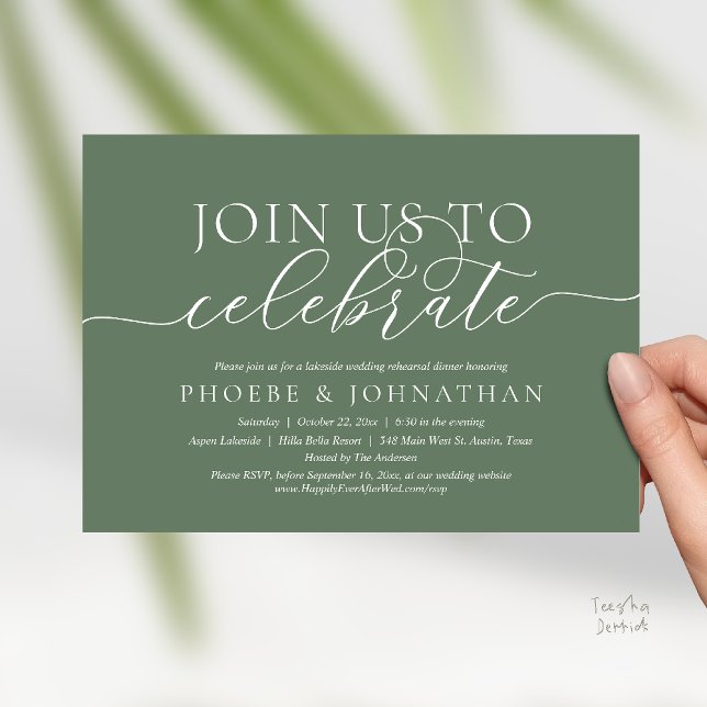 Invitación Join Us To Celebrate, Wedding Rehearsal Dinner (Join Us To Celebrate, Modern Classy Wedding Rehearsal Dinner Invitation card in sage green)