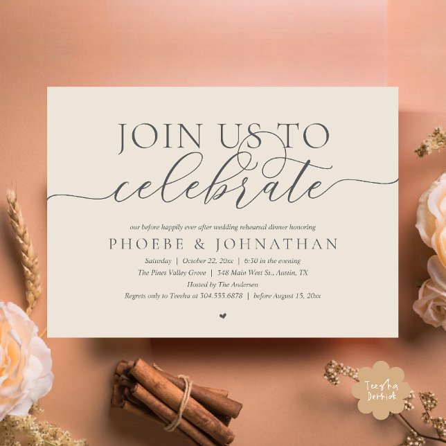 Invitación Join Us To Celebrate, Wedding Rehearsal Dinner (Join Us To Celebrate, Modern Classy Wedding Rehearsal Dinner Invitation card in cream grey)