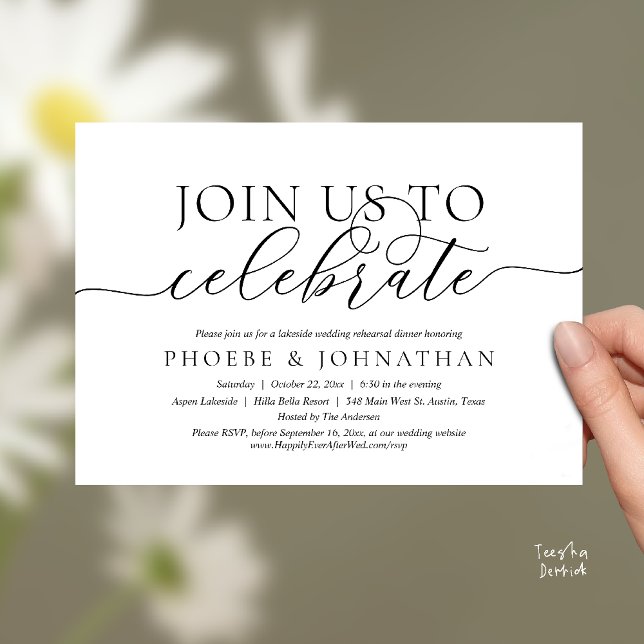 Invitación Join Us To Celebrate, Wedding Rehearsal Dinner (Join Us To Celebrate, Modern Classy Wedding Rehearsal Dinner Invitation card in black and white)