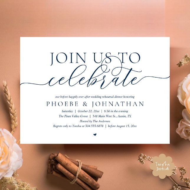 Invitación Join Us To Celebrate, Wedding Rehearsal Dinner (Join Us To Celebrate, Modern Classy Wedding Rehearsal Dinner Invitation card in navy blue)