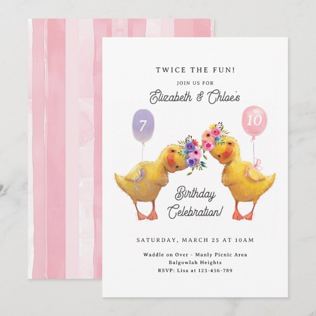 Invitación Joint Birthday Invite, Duck Double Party (Anverso / Reverso)