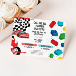 Invitación Joint Building Blocks & Race Cars Sibling Birthday