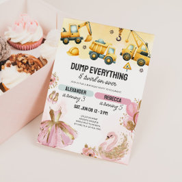 Invitación Joint Construction & Ballerina Sibling Birthday