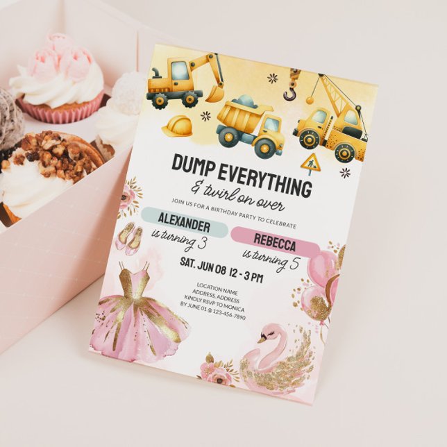 Invitación Joint Construction & Ballerina Sibling Birthday (Joint Kids Birthday Invite - Construction & Ballerina)