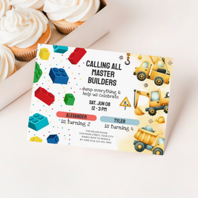 Invitación Joint Construction & Building Blocks Birthday (Dual Birthday Party Invitation - Building Blocks & Dump Trucks)