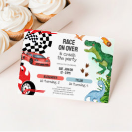 Invitación Joint Dinosaur & Race Cars Sibling Birthday