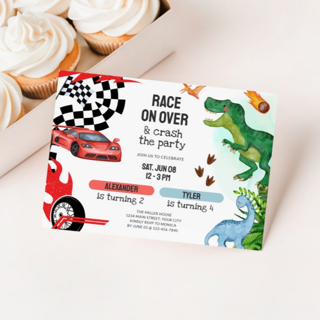 Invitación Joint Dinosaur & Race Cars Sibling Birthday (Dual Kids Birthday Party Invite - Race Cars & Dinosaurs)