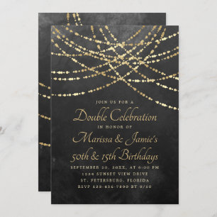 Invitación Joint Double String Lights Black Gold Birday