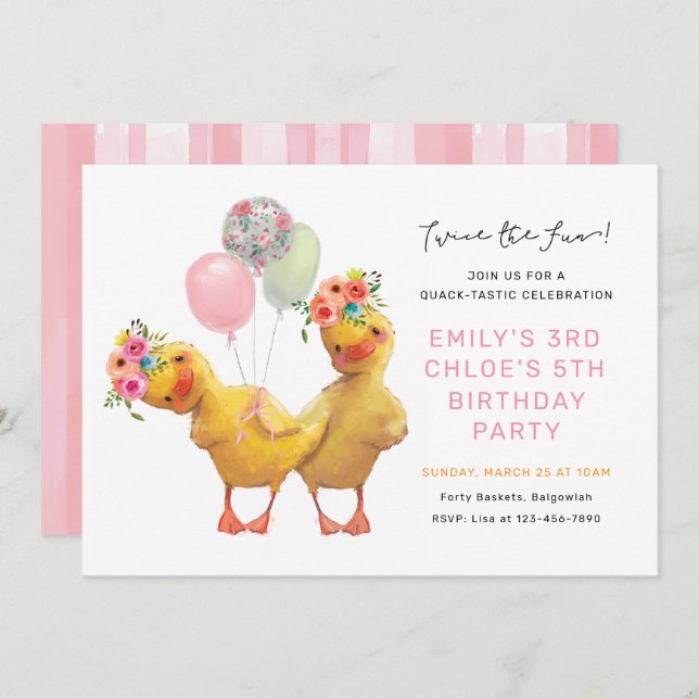 Invitación Joint Ducklings Birthday Invite, Siblings Friends  (Anverso / Reverso)