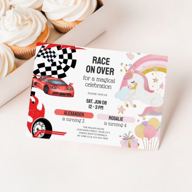 Invitación Joint Unicorn & Race Cars Sibling Birthday (Joint Kids Birthday Party Invitation - Race Cars & Unicorns)